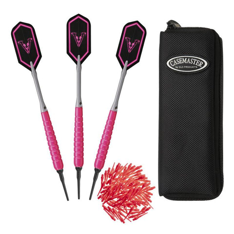 Image of Viper V Glo Soft Tip 18gm Pink, Casemaster Salvo Black Nylon Case, and Viper 2BA Tufflex Tips III- Neon Pink 100ct. Box