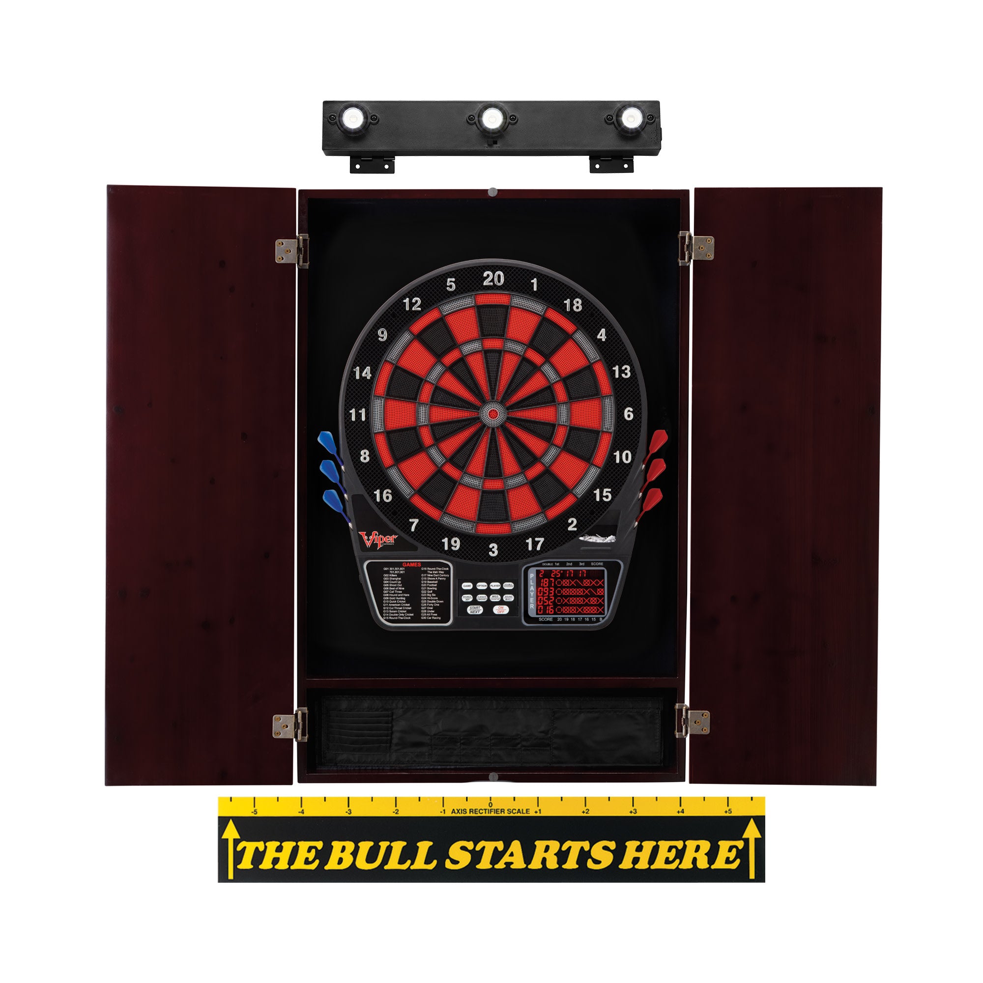 Viper 797 Electronic Dartboard, Metropolitan Mahogany Cabinet, Throw Line Marker & Shadow Buster Bundle