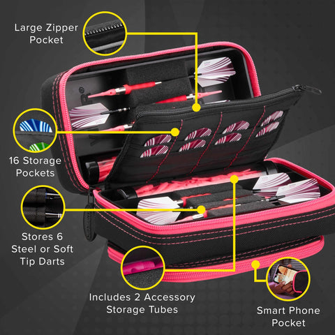 Image of Casemaster Plazma Pro Dart Case Black with Pink Zipper and Phone Pocket