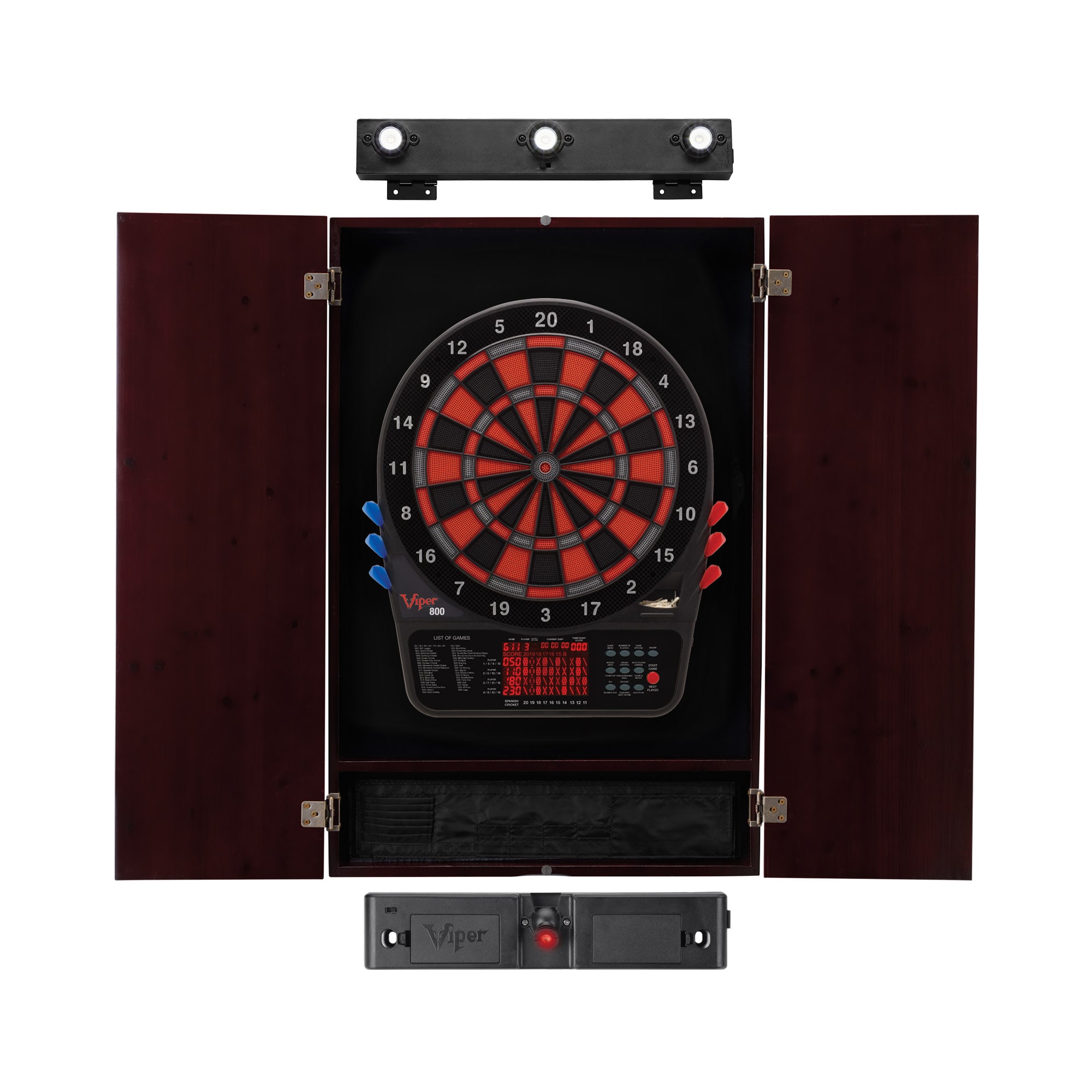 Viper 800 Electronic Dartboard, Metropolitan Mahogany Cabinet, Laser Throw Line & Shadow Buster Dartboard Light Bundle
