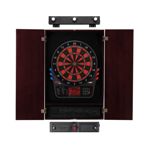 Image of Viper 800 Electronic Dartboard, Metropolitan Mahogany Cabinet, Laser Throw Line & Shadow Buster Dartboard Light Bundle