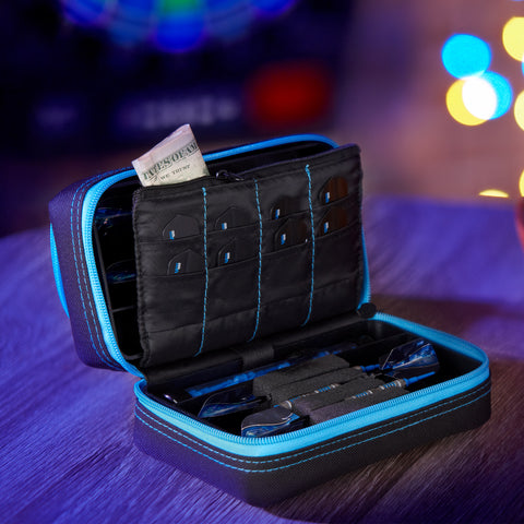 Image of Casemaster Plazma Pro Dart Case Black with Blue Zipper and Phone Pocket