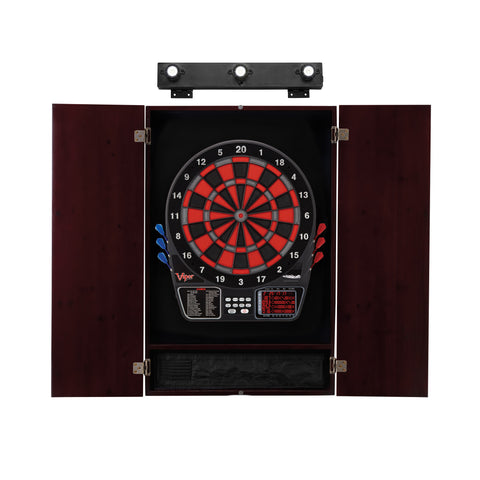 Image of Viper 797 Electronic Dartboard, Metropolitan Mahogany Cabinet & Shadow Buster Dartboard Light Bundle