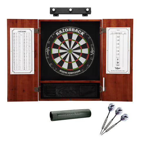 Image of Viper Razorback Sisal Dartboard, Metropolitan Cinnamon Cabinet, Shadow Buster, Padded Mat & Underground Raven Steel Tip Darts