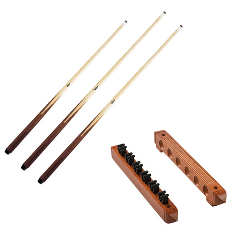 Image of Viper One Piece 36" Maple Bar Cue 14 Ounce, Viper One Piece 57" Maple Bar Cue 19 Ounce, Viper One Piece 57" Maple Bar Cue 20 Ounce, and Fat Cat Oak 6 Cue 2-Piece Wall Cue Rack