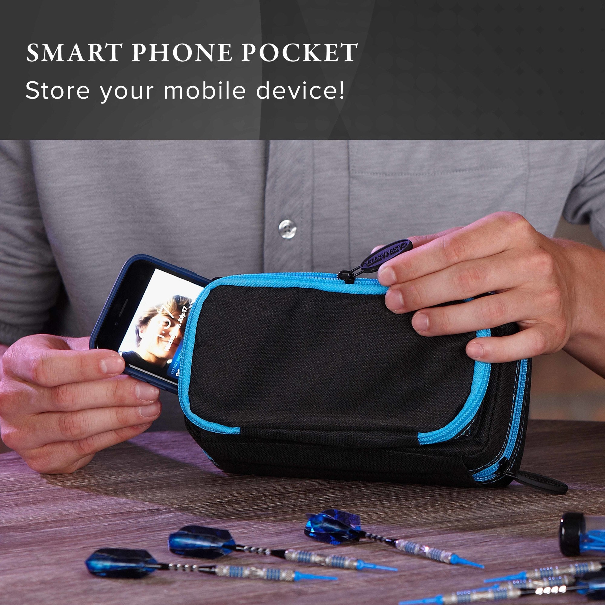 Casemaster Plazma Pro Dart Case Black with Blue Zipper and Phone Pocket