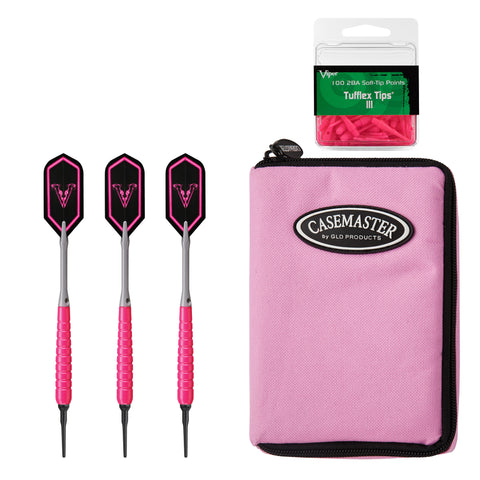 Image of Viper V Glo Soft Tip 18gm Pink, Casemaster Select Pink Nylon Case, and Viper 2BA Tufflex Tips III- Neon Pink 100ct. Box