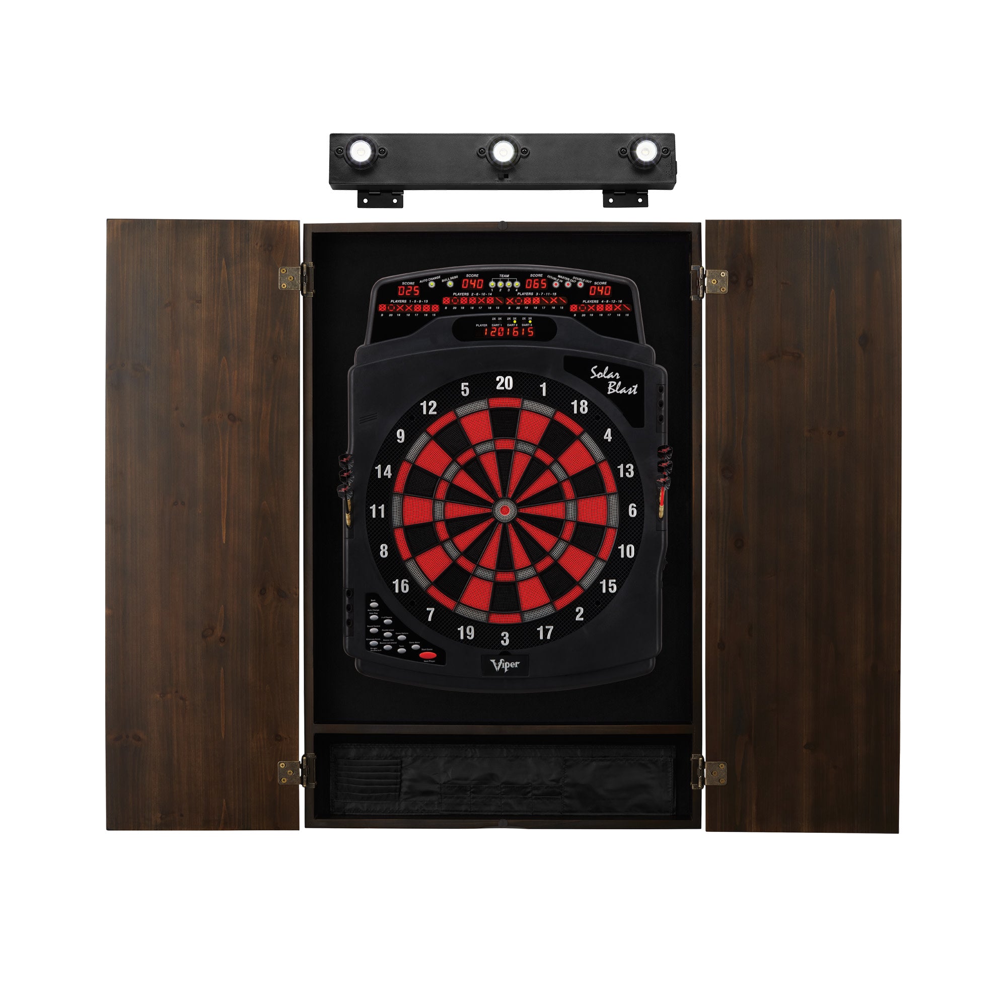Viper Solar Blast Electronic Dartboard, Metropolitan Espresso Cabinet & Shadow Buster Dartboard Light Bundle