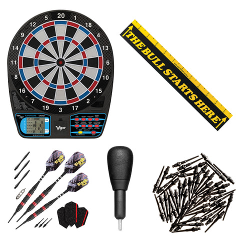 Image of Viper 787 Electronic Dartboard, "The Bull Starts Here" Throw Line Marker, Black Ice Red 18g Soft Tip Darts, Dart Tip Remover Tool & Tufflex II Black Dart Tips