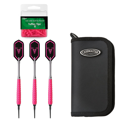 Image of Viper V Glo Soft Tip 18gm Pink, Casemaster Deluxe Black Nylon Case, and Viper 2BA Tufflex Tips III- Neon Pink 100ct. Box