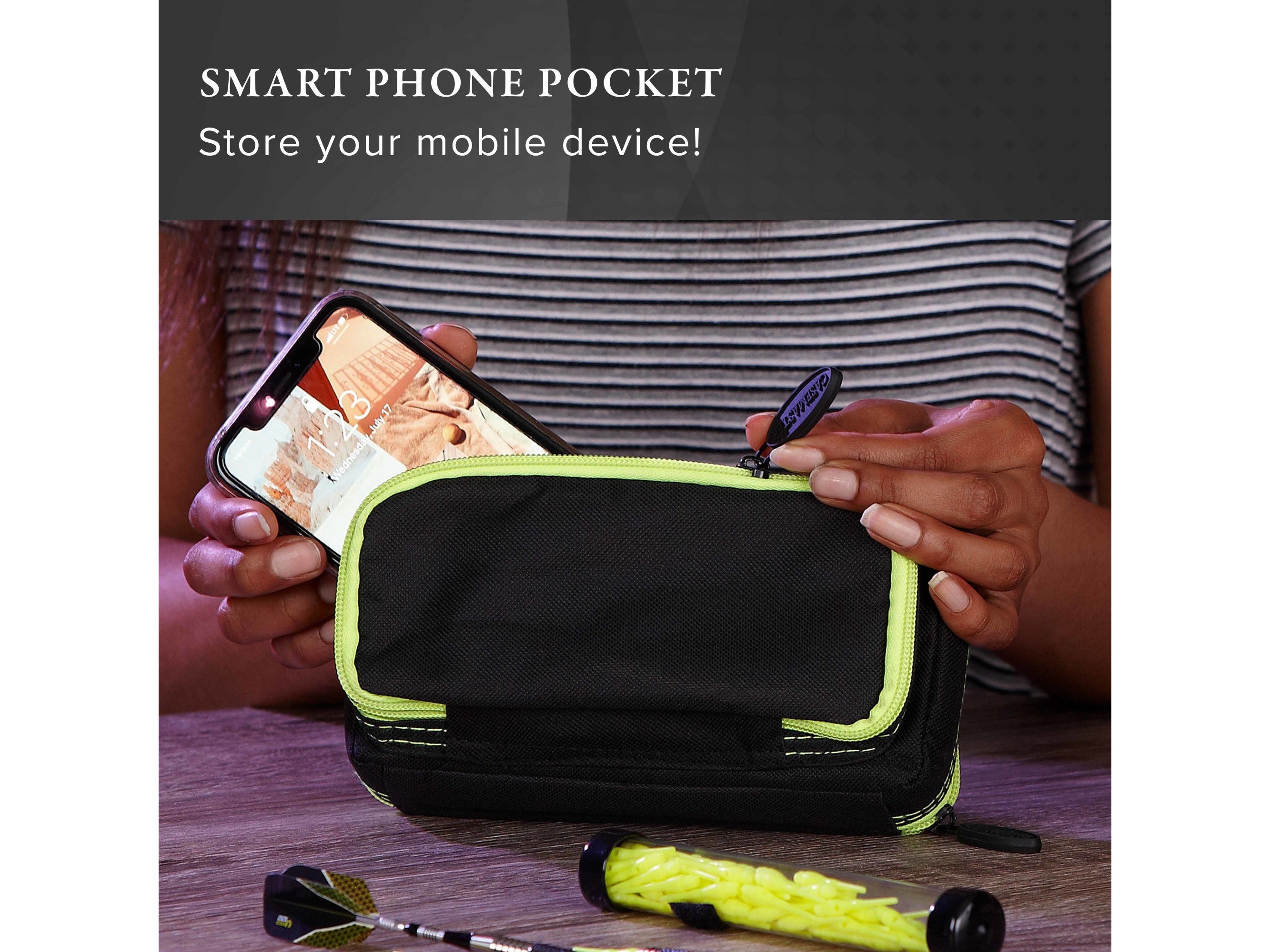 Casemaster Plazma Plus Dart Case Black with Yellow Zipper and Phone Pocket - HomeFitPlay