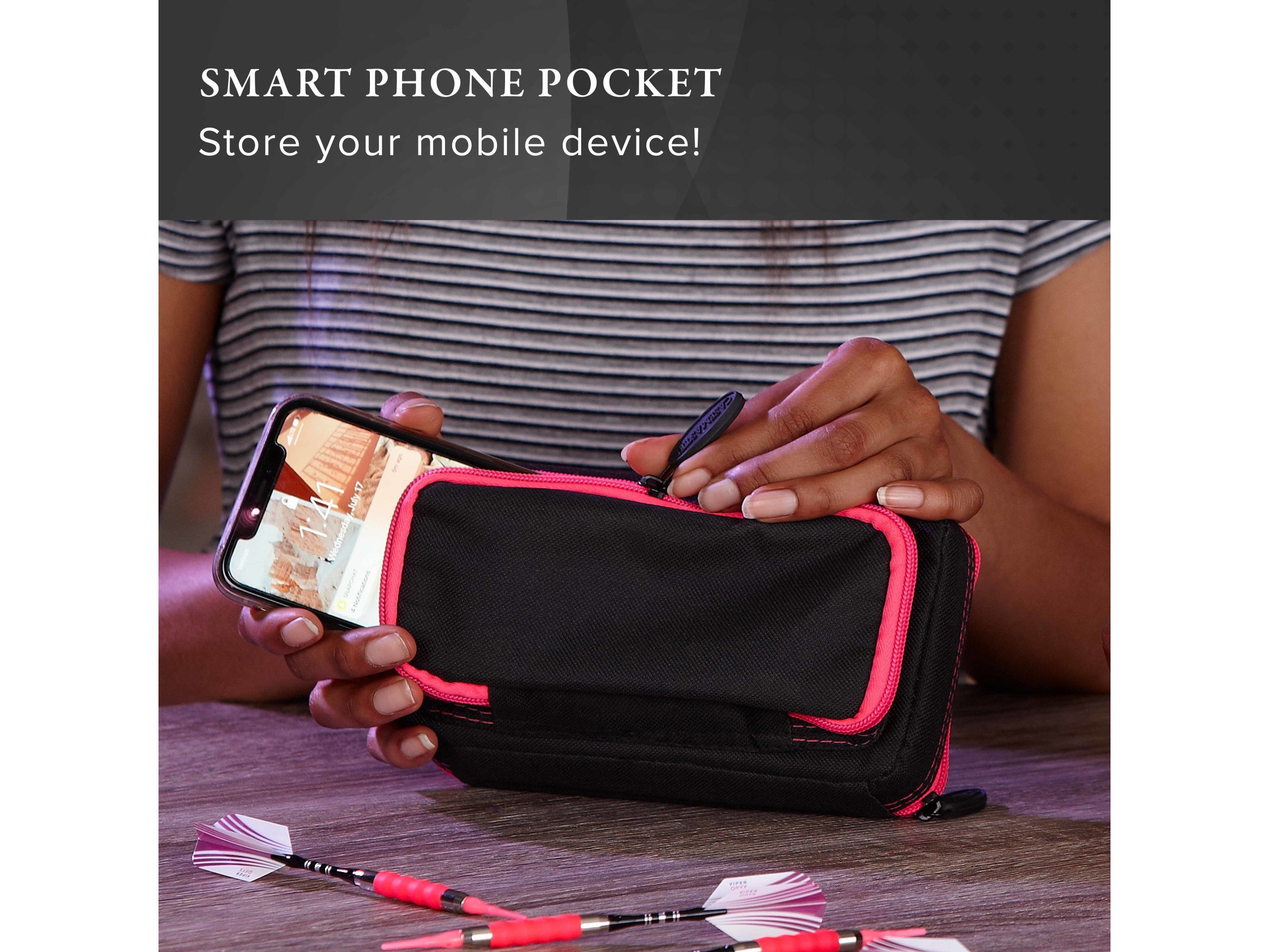 Casemaster Plazma Plus Dart Case Black with Pink Zipper and Phone Pocket - HomeFitPlay