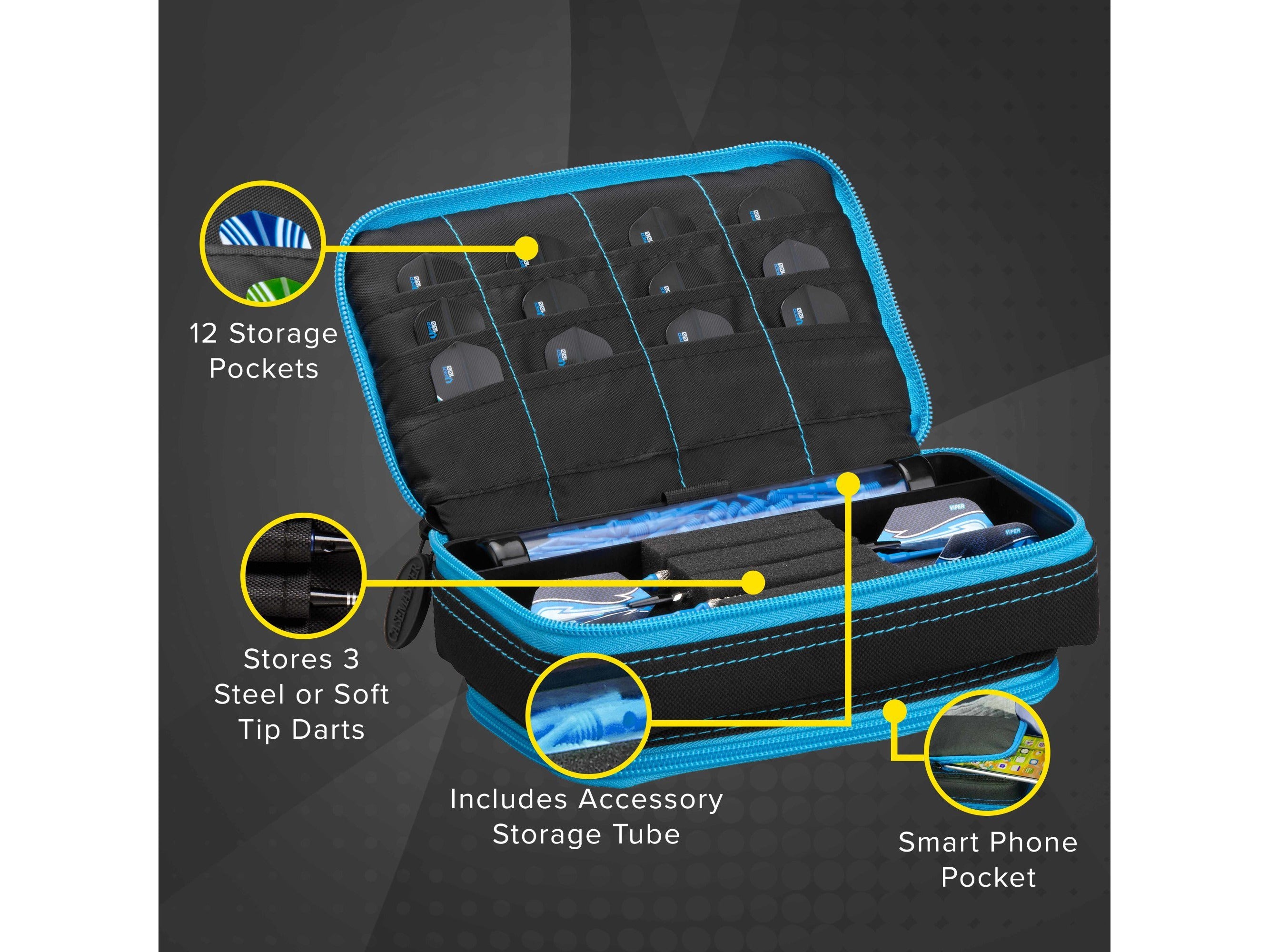 Casemaster Plazma Plus Dart Case Black with Blue Zipper and Phone Pocket - HomeFitPlay