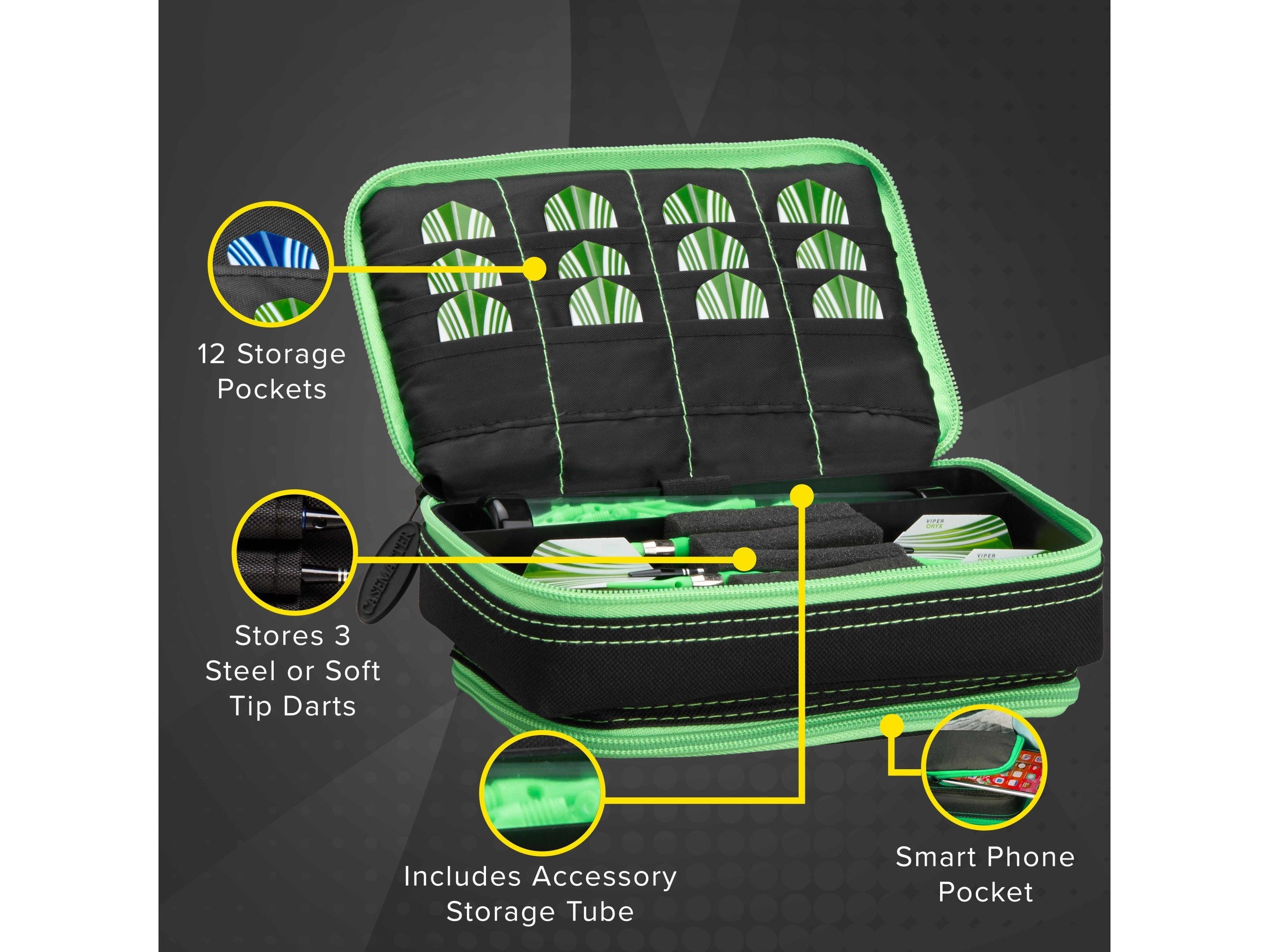 Casemaster Plazma Plus Dart Case Black with Green Zipper and Phone Pocket - HomeFitPlay
