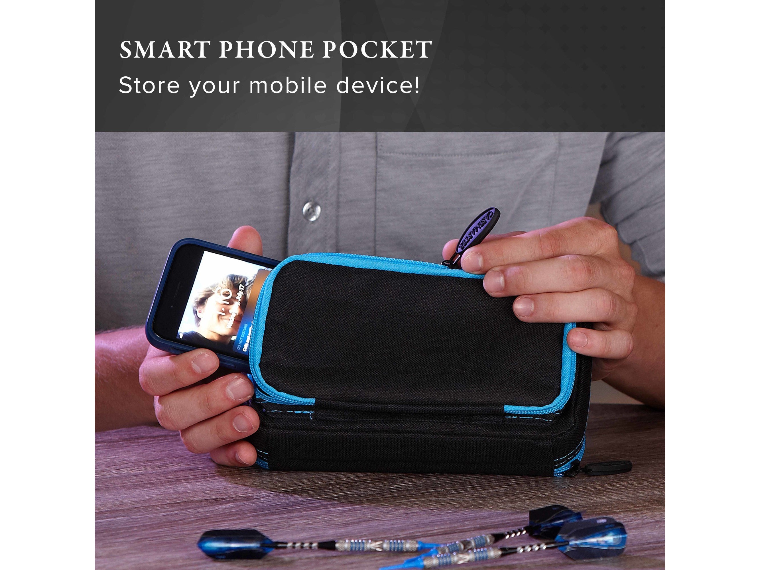 Casemaster Plazma Plus Dart Case Black with Blue Zipper and Phone Pocket - HomeFitPlay
