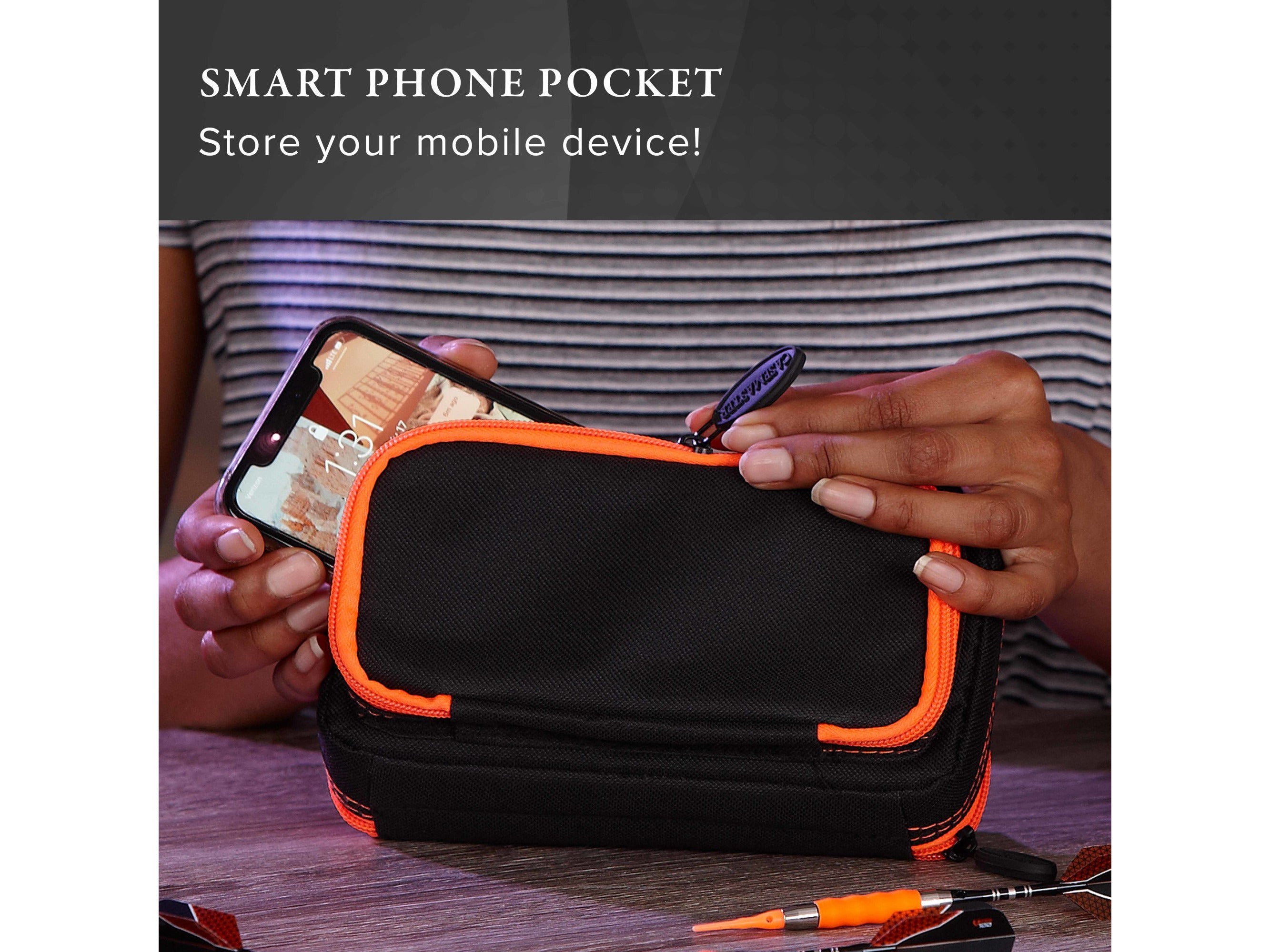Casemaster Plazma Plus Dart Case Black with Orange Zipper and Phone Pocket - HomeFitPlay